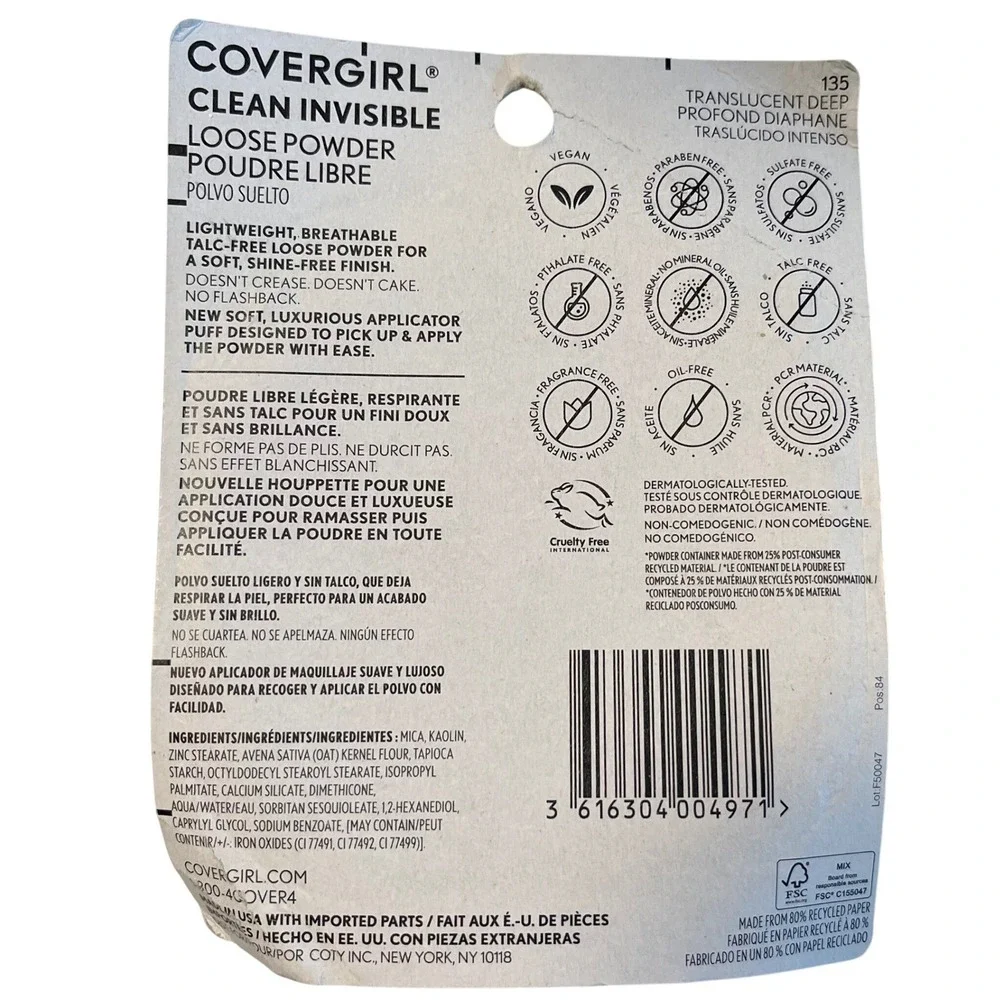 Covergirl Clean Invisible Loose Powder 135 Translucent Deep Talc Free 0.63oz NEW